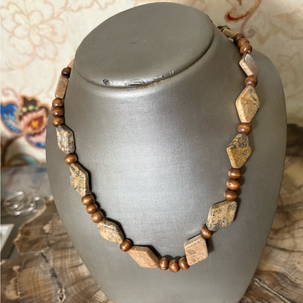 Desert Jasper Natural Stone Beaded Sterling Silver Necklace